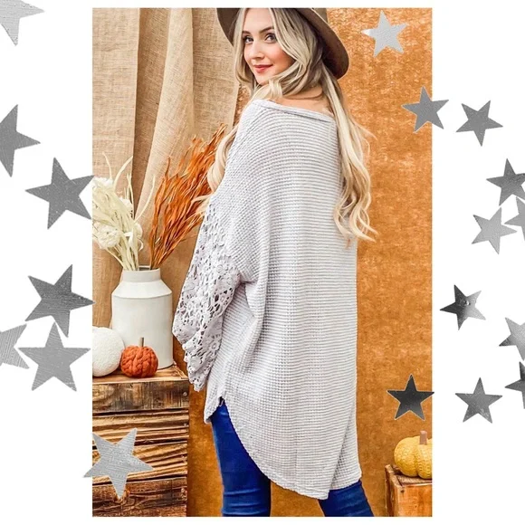 Waffle Knit High Low Tunic with Crochet Bubble Sleeves - Picture 4 of 4